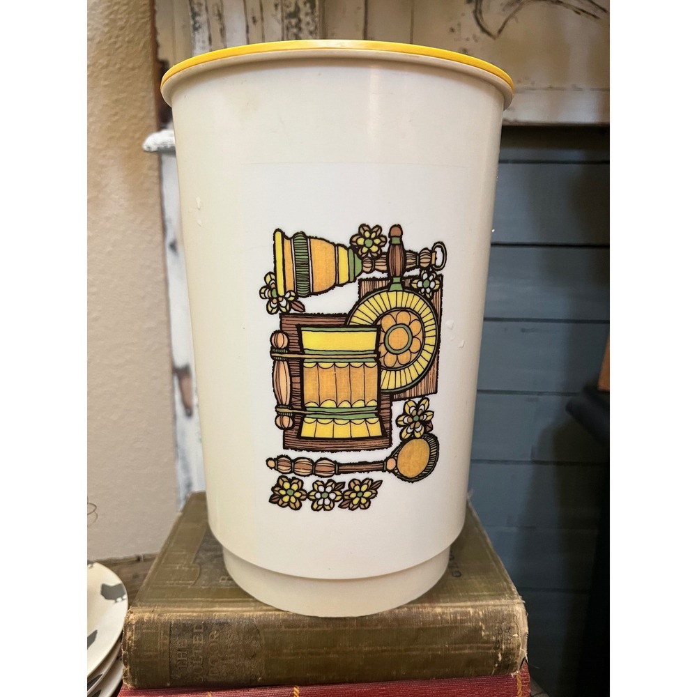 Vintage Tupperware Tall Canister 482 Retro Kitchen Graphic Yellow Lid 9.25in